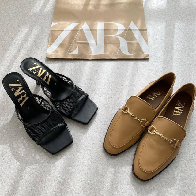 ZARA（ザラ）の「ハイヒールメッシュサンダル」＆「バックル付きレザーモカシン」