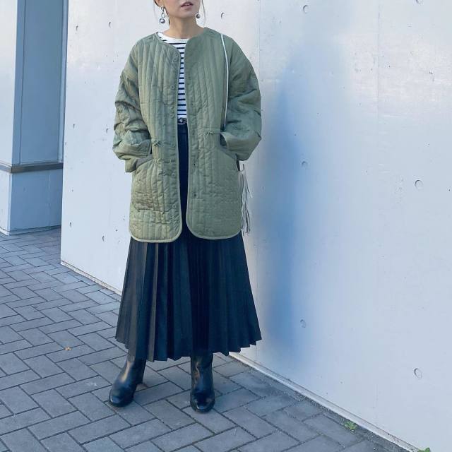 長袖 カーキ ノーカラー 無地 キルティング ライナーコート BONLECILL ...