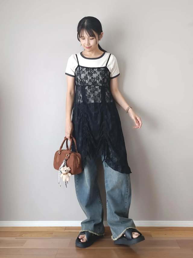 【初夏のデニムパンツに合わせる服4】シアーなキャミワンピース