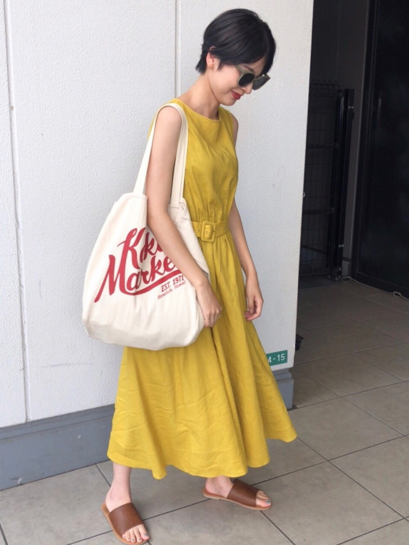 極美品スローブイエナ　リネンベルテッドロングワンピース　イエロー　F麻100% 極美品スローブイエナ リネンベルテッドロングワンピース
