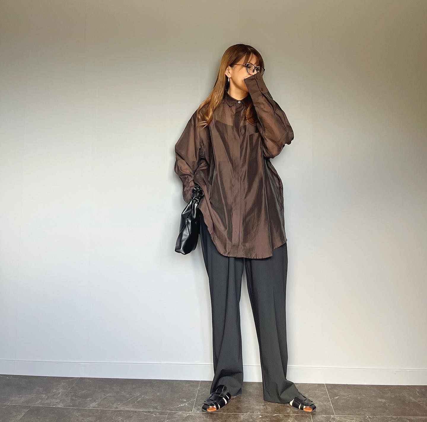 ブラウン 長袖 シャツ 無地 オーバーサイズ シアー select MOCA by son