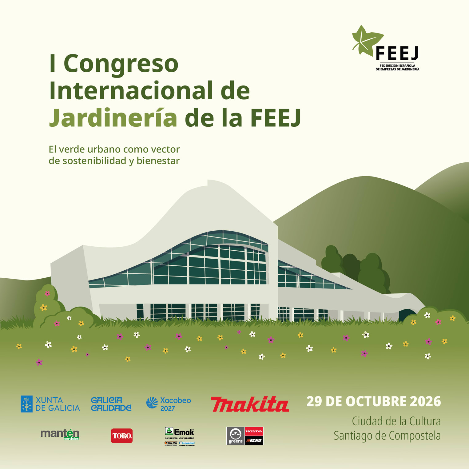 Cartel actualizado del I Congreso Internacional de Jardinería FEEJ, edificio Fontán y entidades patrocinadoras