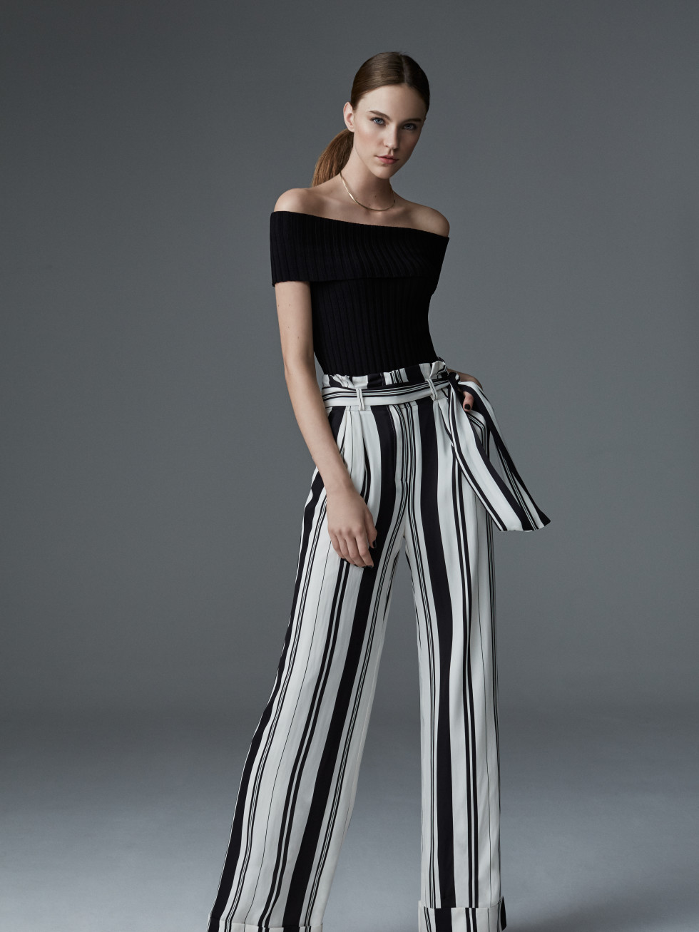 Olivia Palermo + Chelsea28 stripe wide leg pant and off shoulder blouse at Nordstrom
