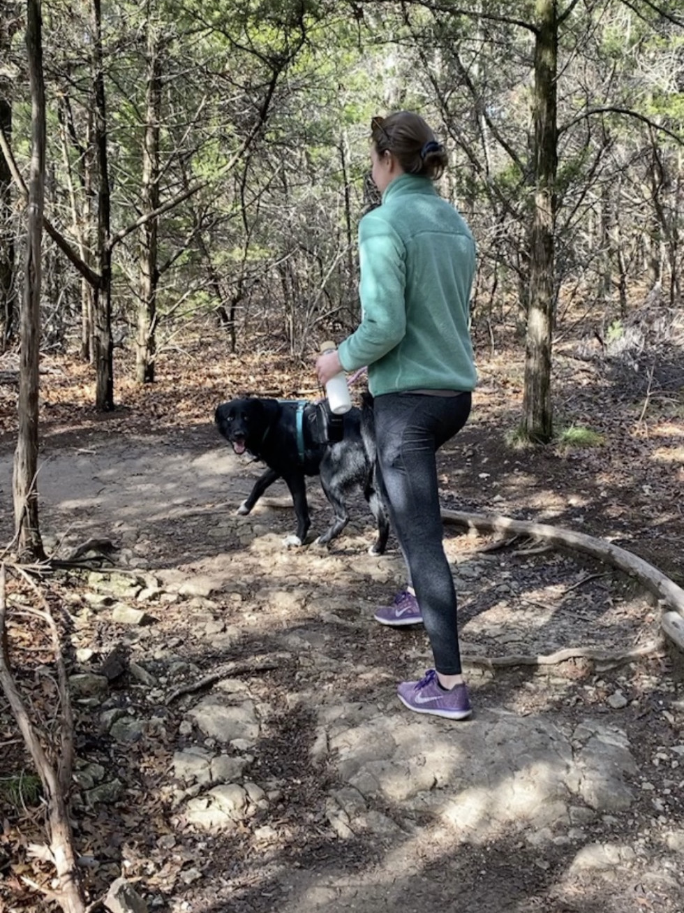 Woman and dog walking in the woods