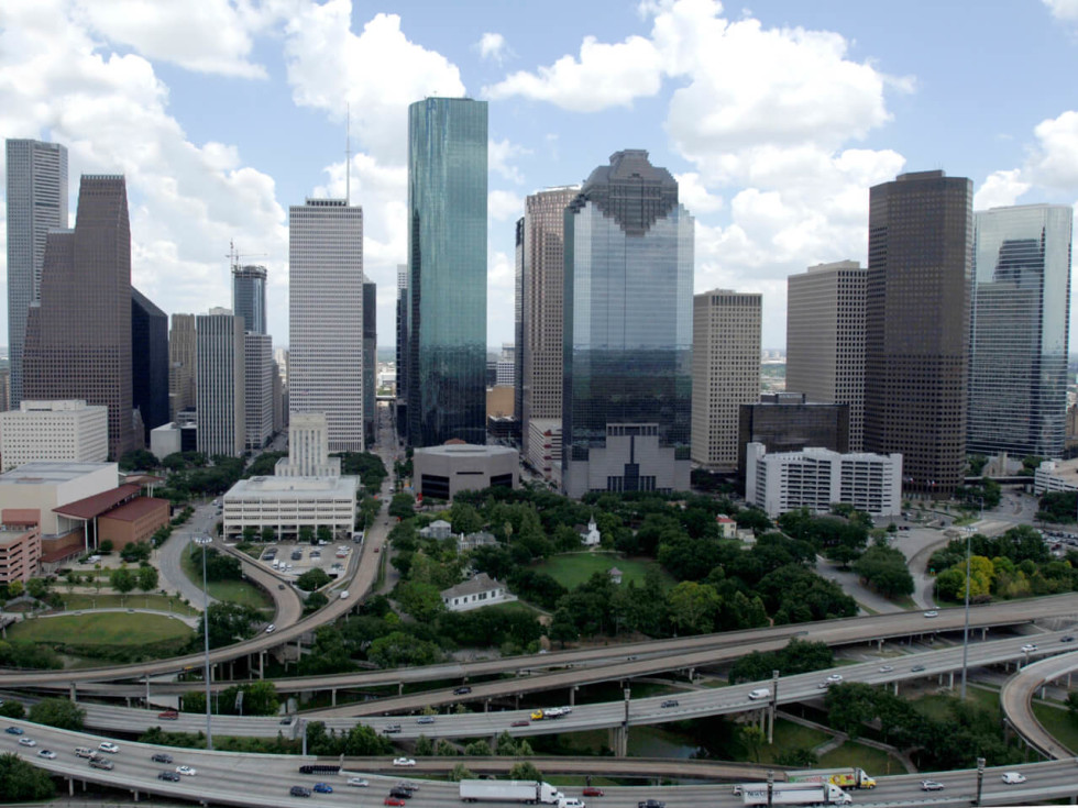 Houston downtown skyline day aerial