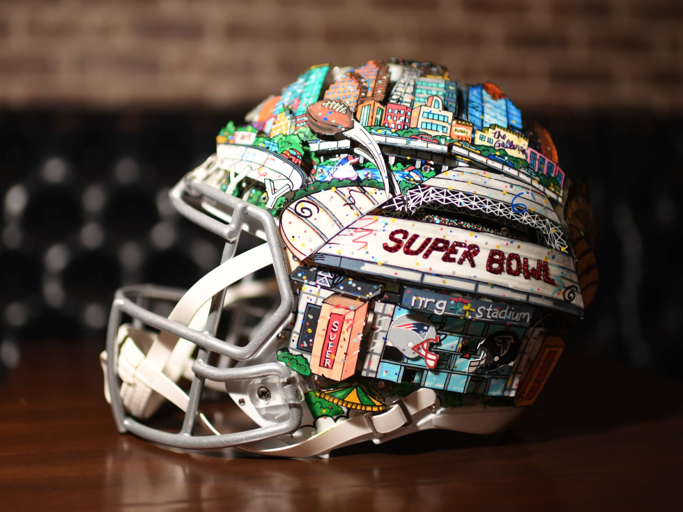 Hand painted Super Bowl LI helmet by Charles Fazzino at Bosscat Kitchen Super Bowl party