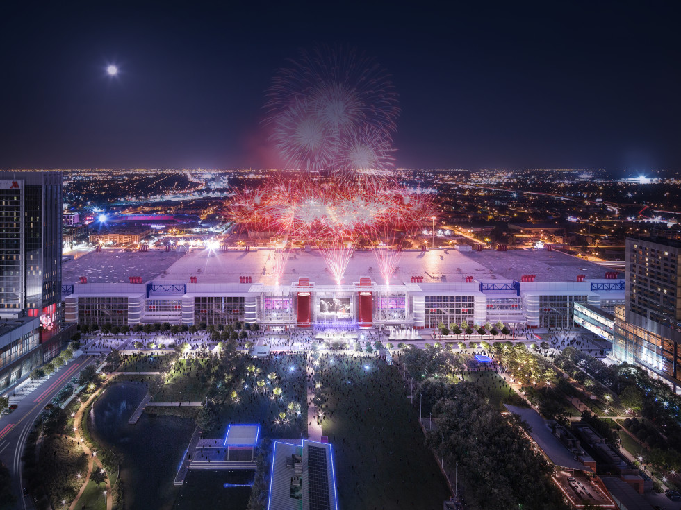 Houston, George R Brown revamp, September 2015, aerial view at night