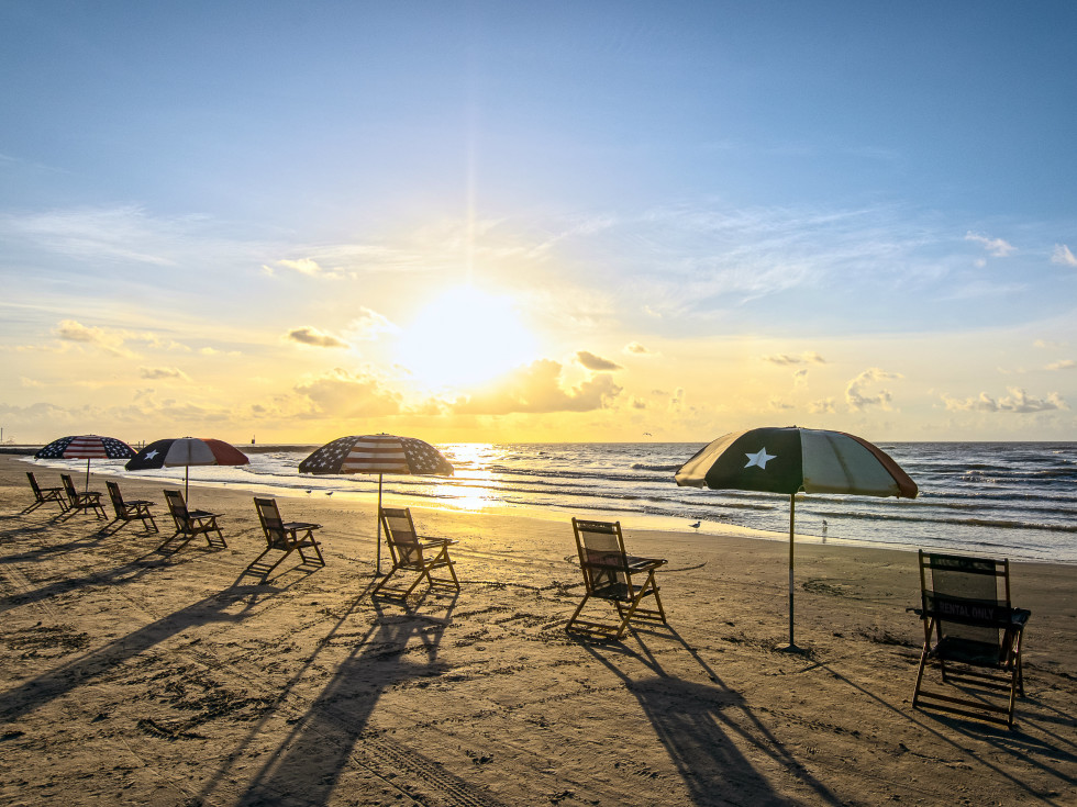 Galveston beach with umbrellas