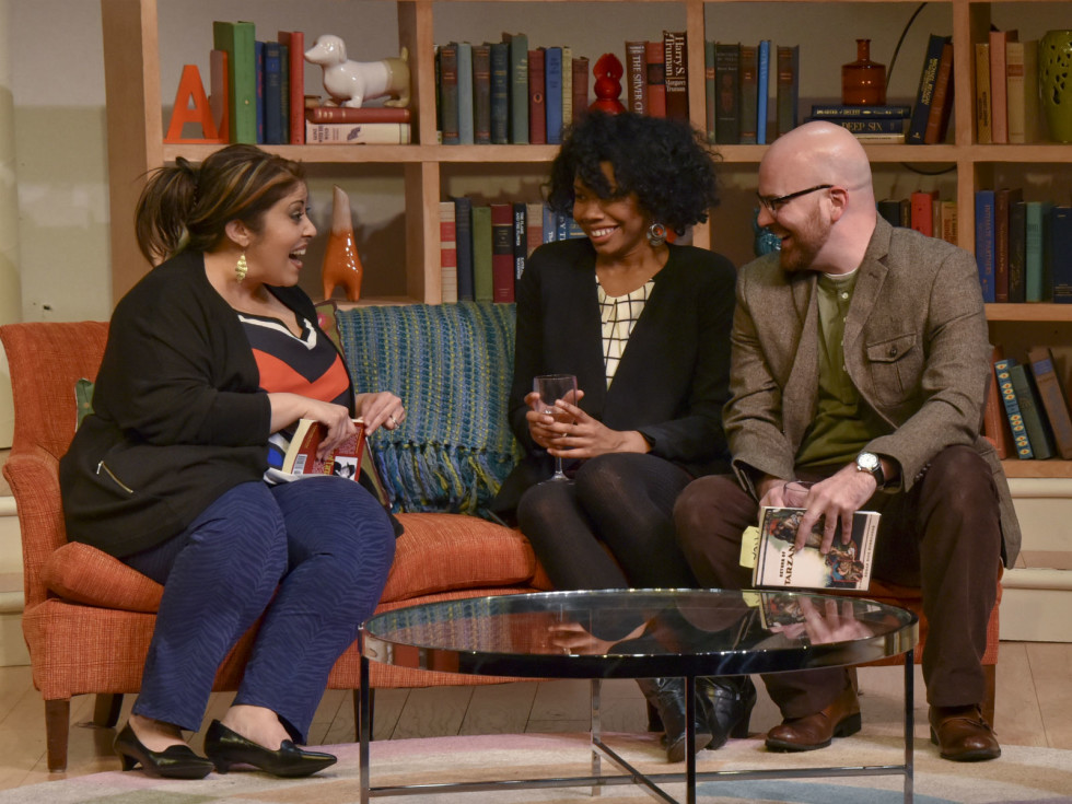 Christie Vela, Tiana Kaye Johnson and Brandon Potter in The Book Club Play from Dallas Theater Center