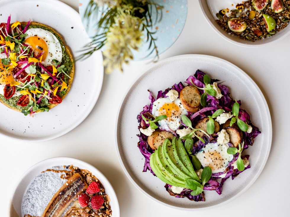 Vibrant Breakfast Breakfast Socca, Baked Egg Skillet, Coconut Chia Pudding, Yogurt Bowl