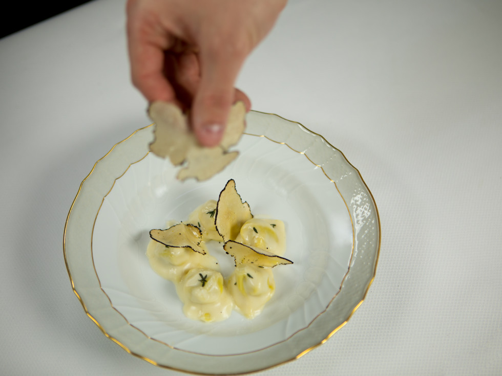 Cappelletti Crescent Island duck confit-stuffed pasta, Norcia black truffles, Parmigiana stravecchio