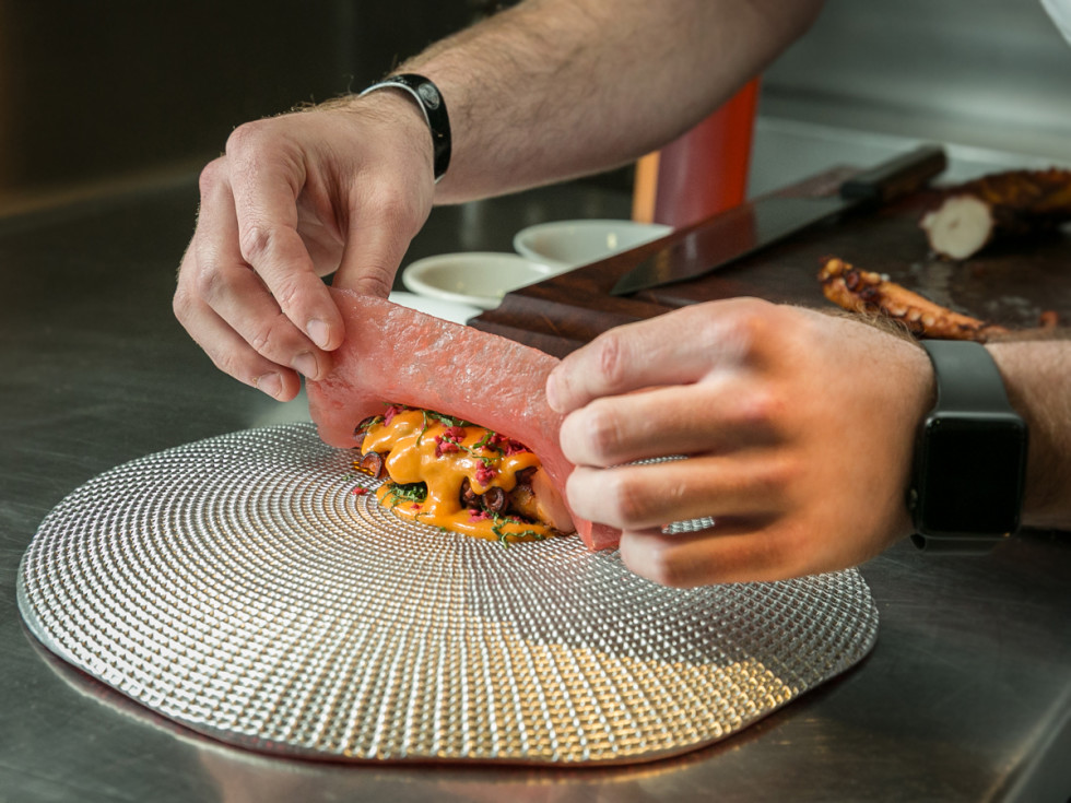Crisp braised octopus, ahi tuna, heirloom tomato tonnato