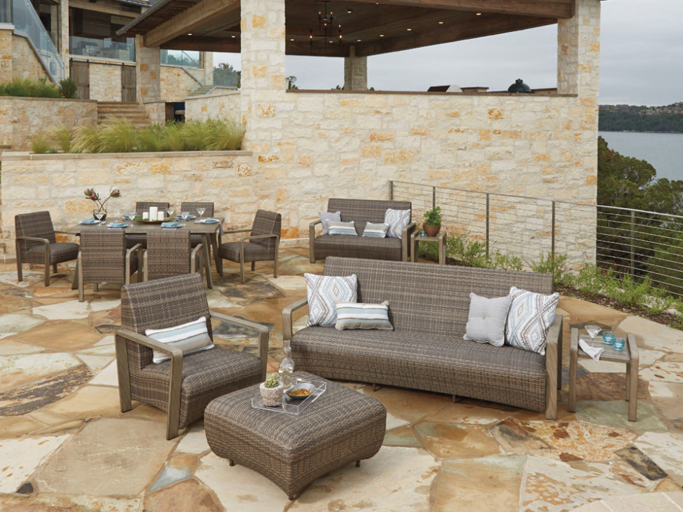 Patio furniture outside at sunset