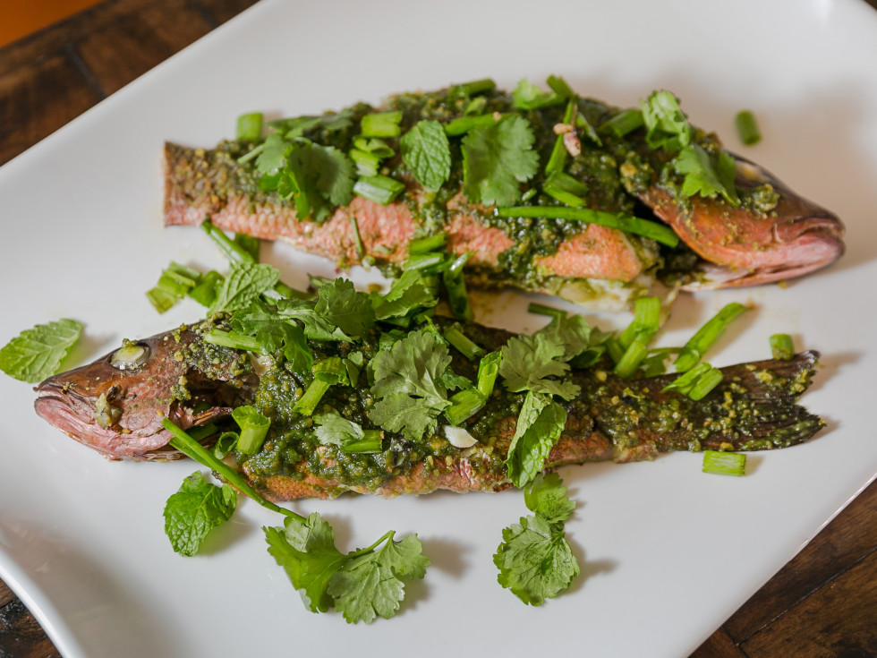 Chris Shepherd cookbook party pesto fish