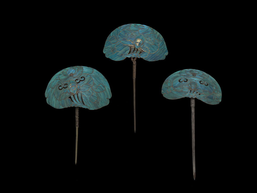Hairpins, China, Qing dynasty (1644-1911) Silver and kingfisher feather