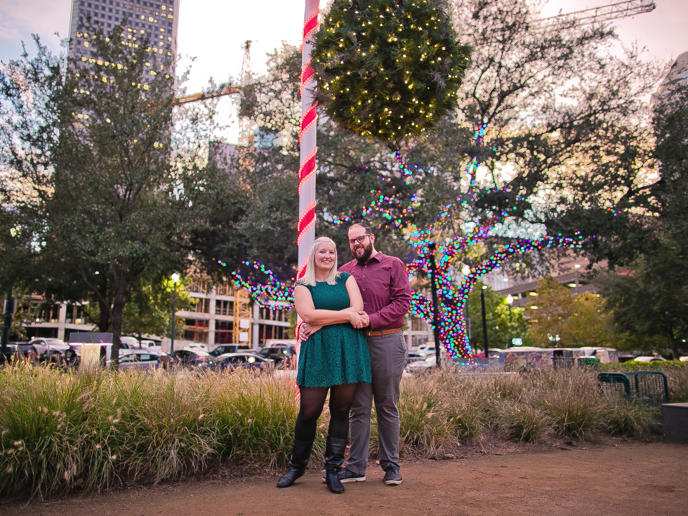 Downtown Houston candy cane couple