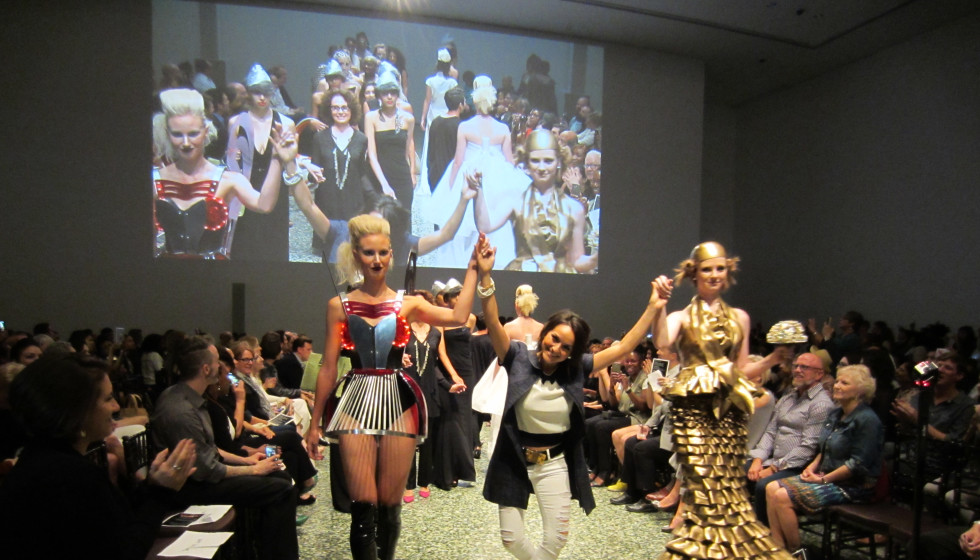 Designers inspired by exhibit of sleek cars create dramatic fashion