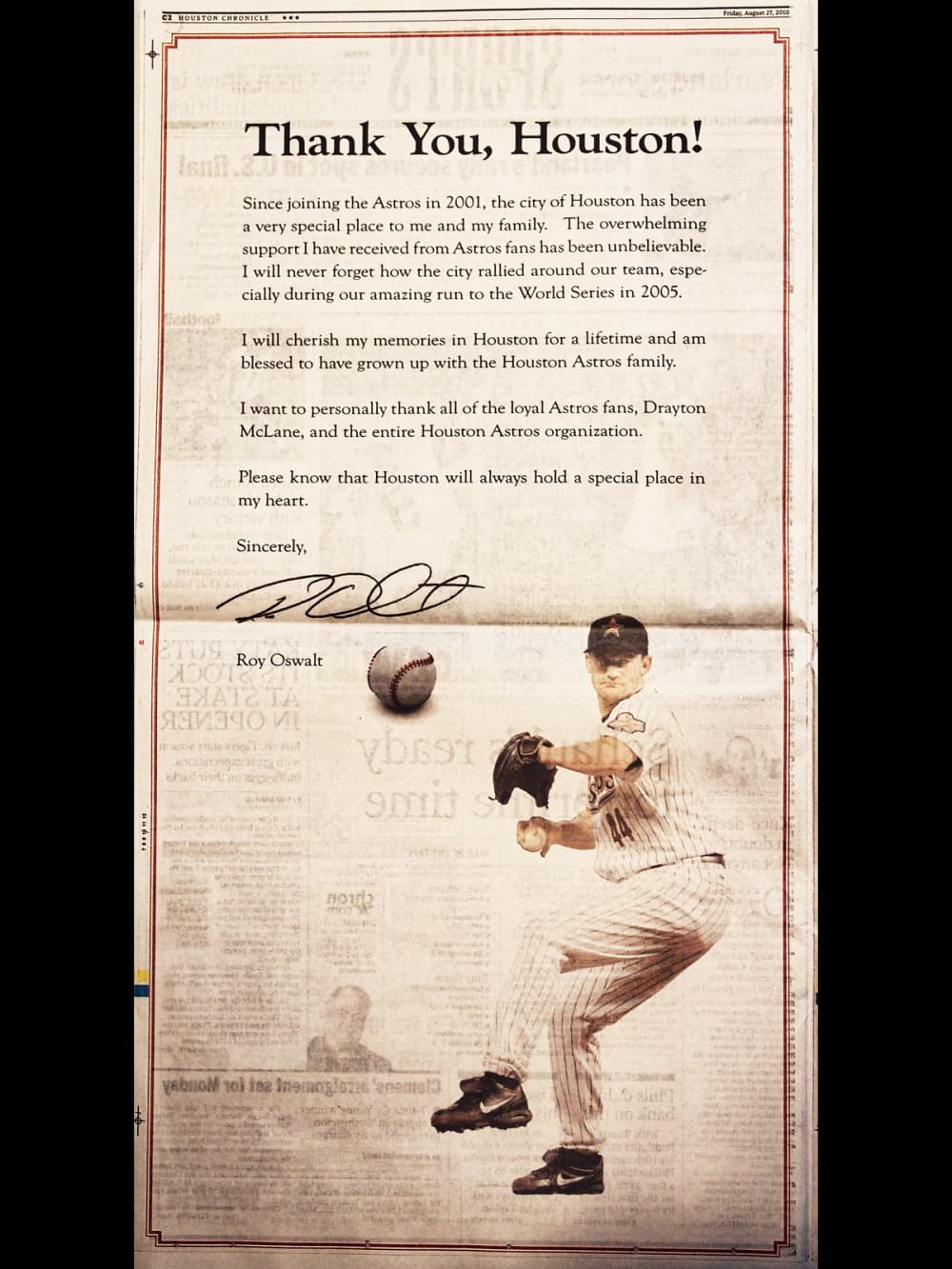 Classy pitch: Roy Oswalt shows his character with full-page Houston thank  you ad - CultureMap Houston