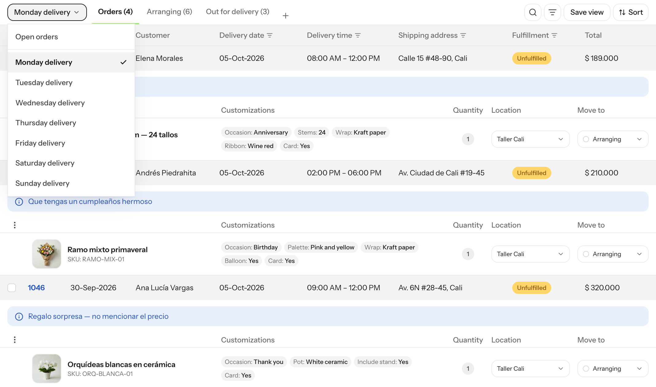 Monday delivery saved view open, with Tuesday through Sunday delivery views in the same menu