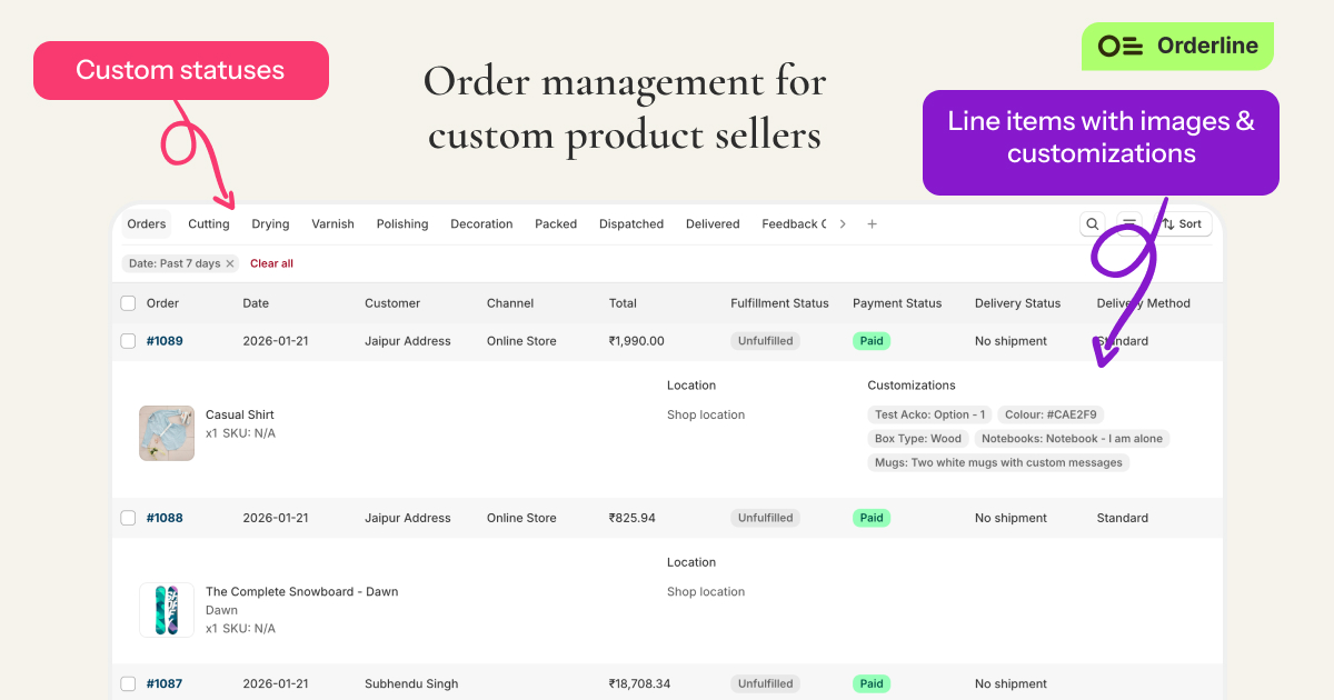 Orderline order list with custom internal production statuses such as Design Queue, Engraving, and Ready to Ship on personalized orders