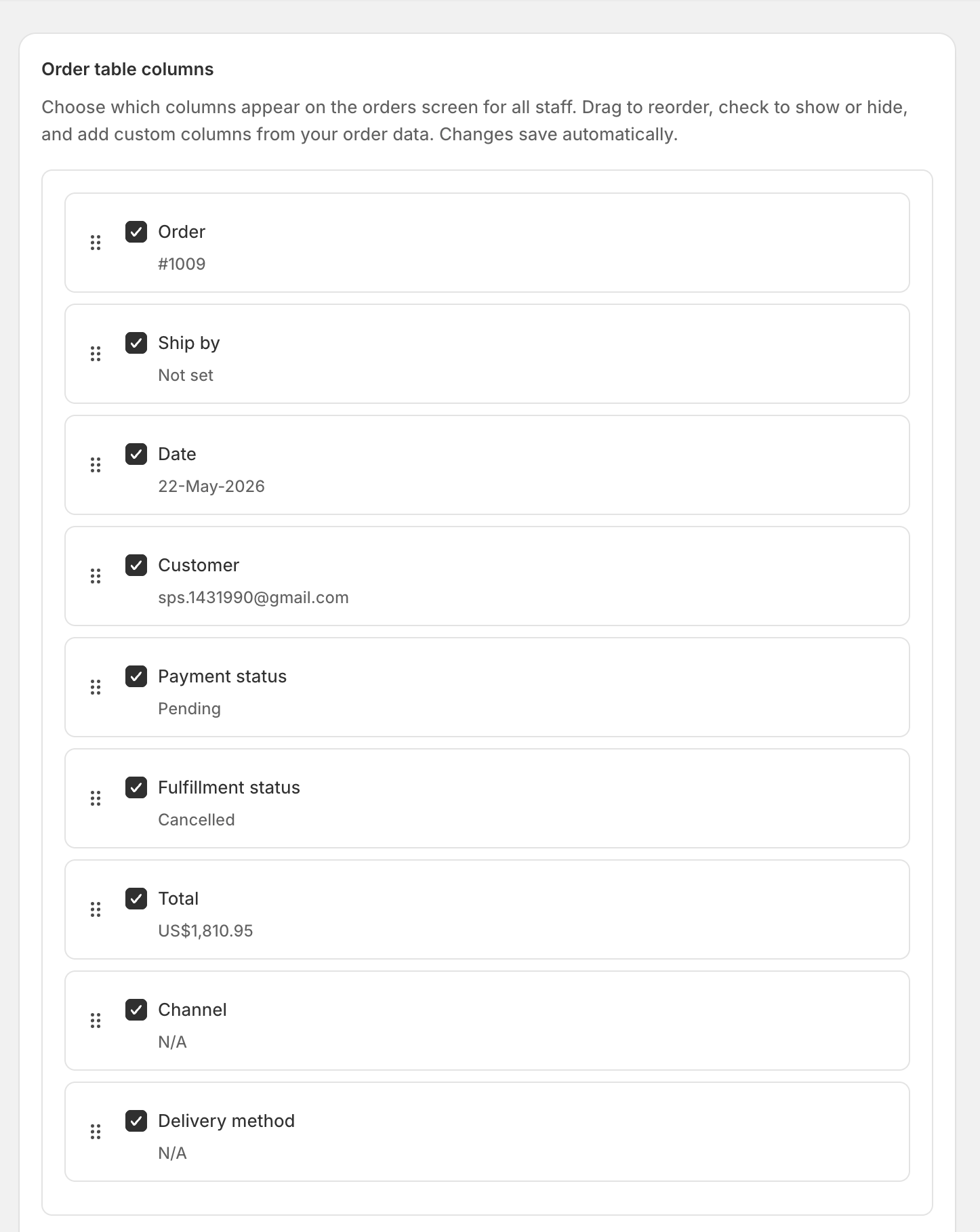full column list with standard + custom rows, drag handles visible