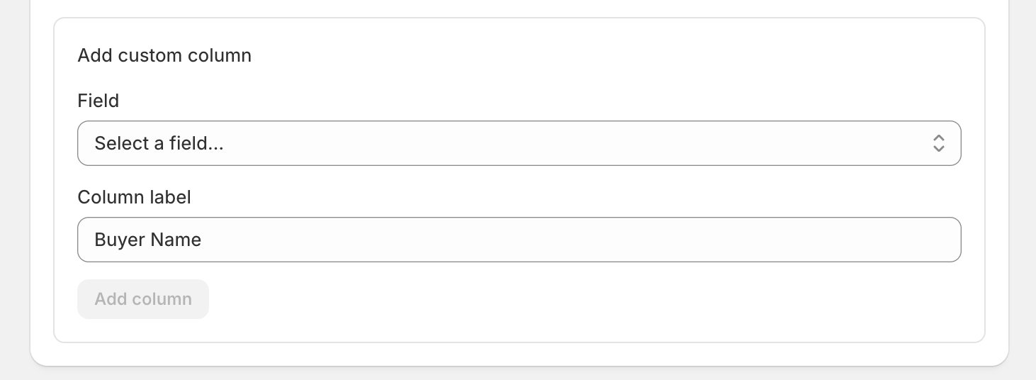 Field dropdown, column label, and **Add column** button