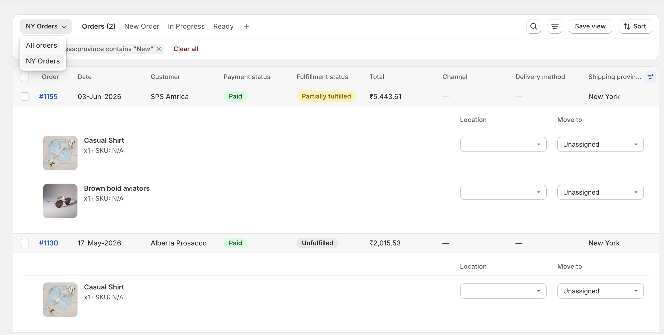 Saved views dropdown showing All orders and named views