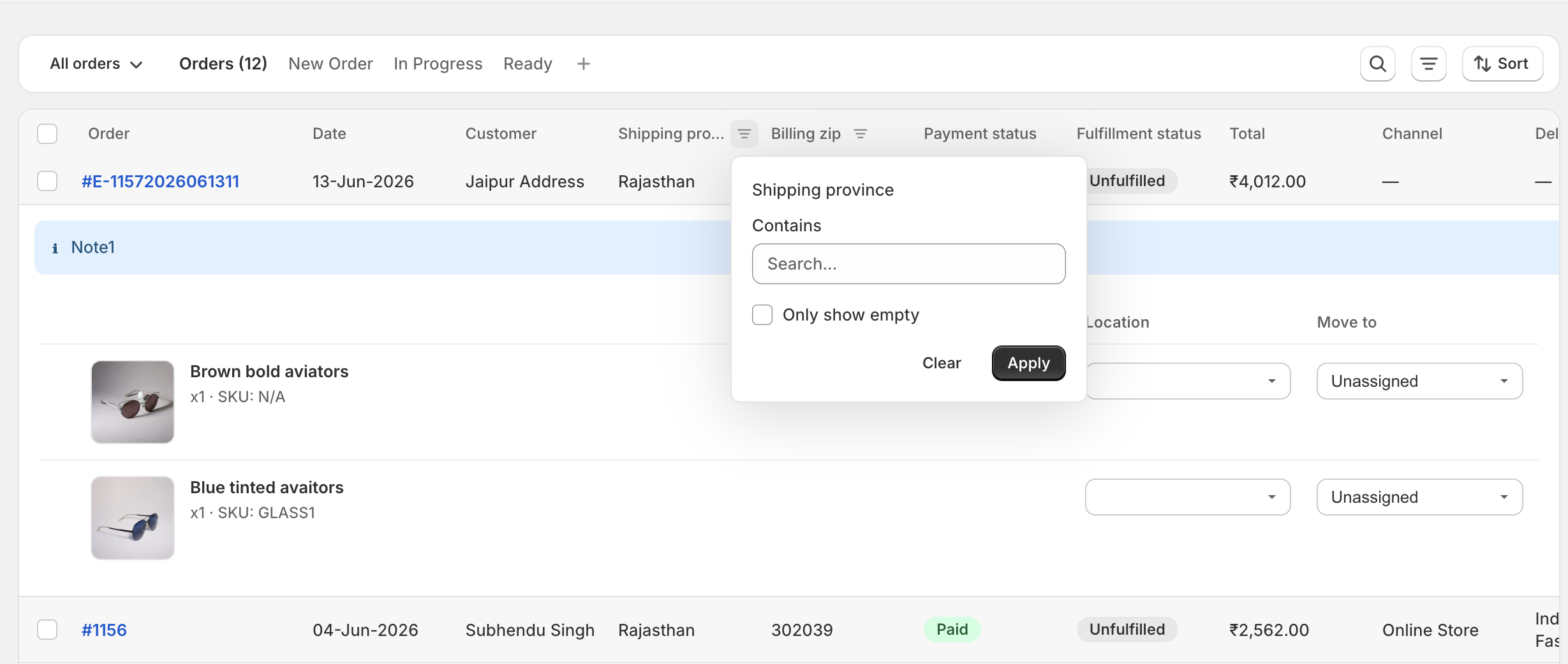 Popover filter panel attached to a custom column header