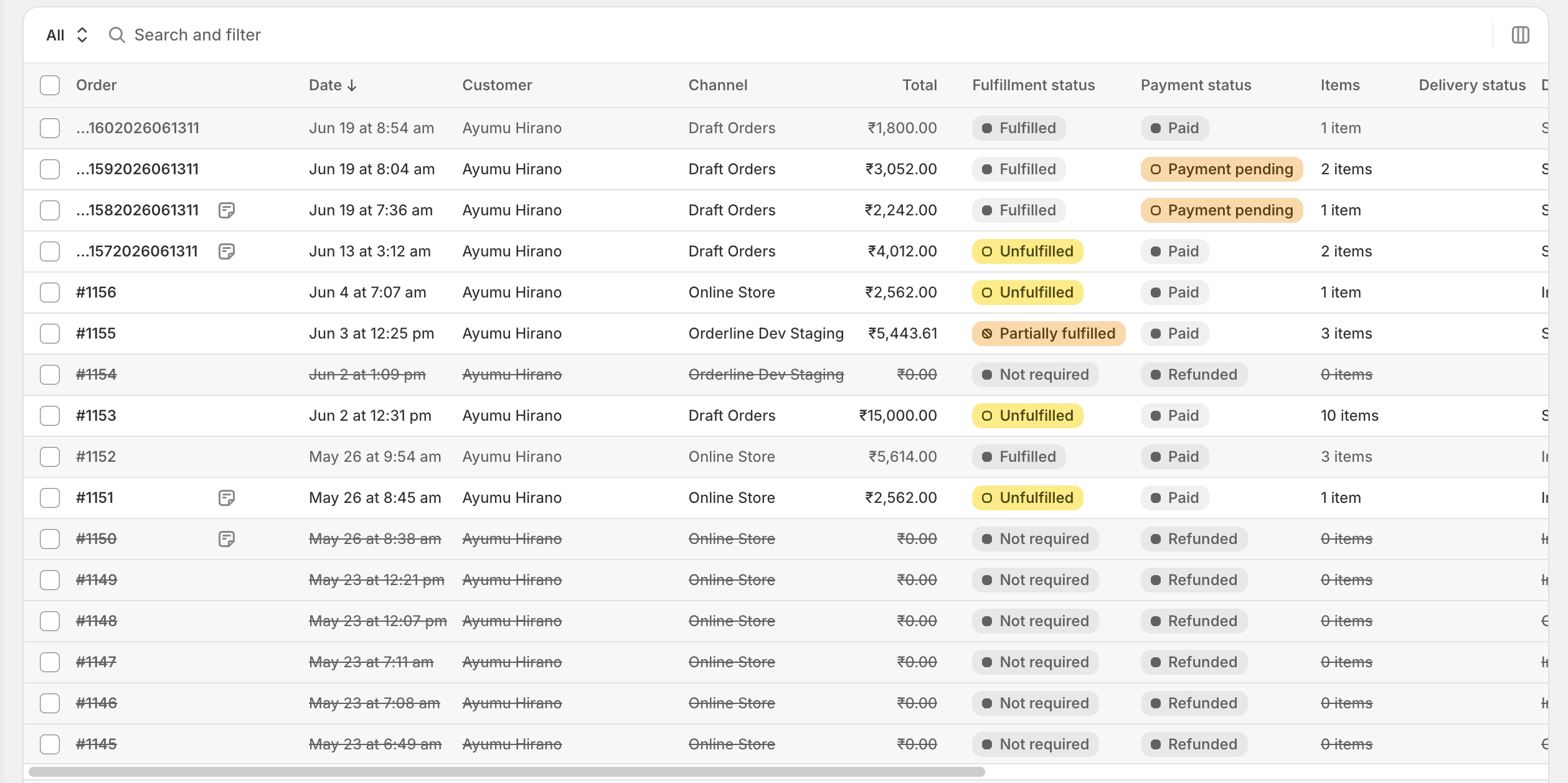 Shopify default order list showing order number, customer, payment, Unfulfilled, and totals without line-item personalization text visible