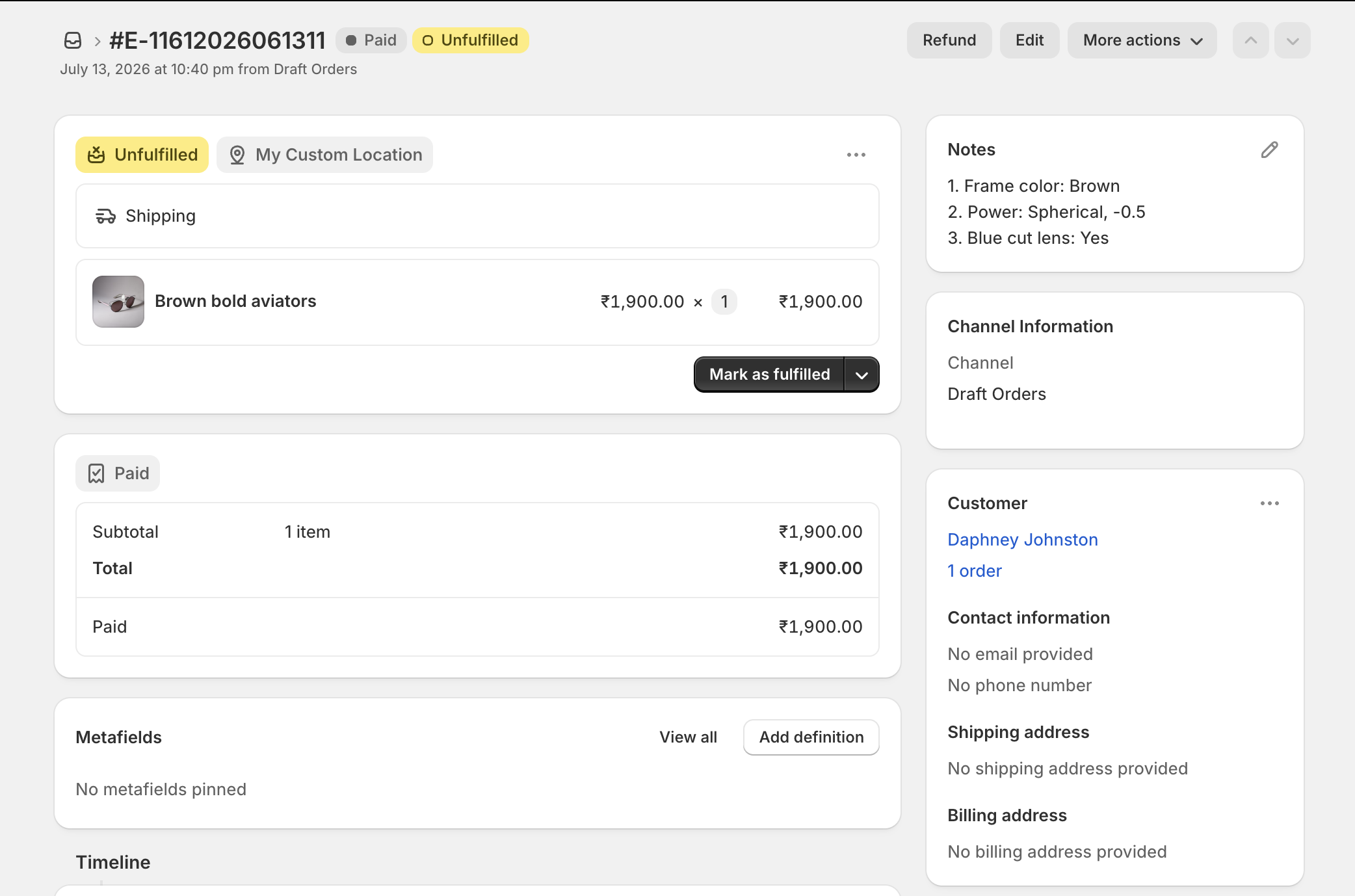 Shopify draft order with personalization and production details captured in the note field