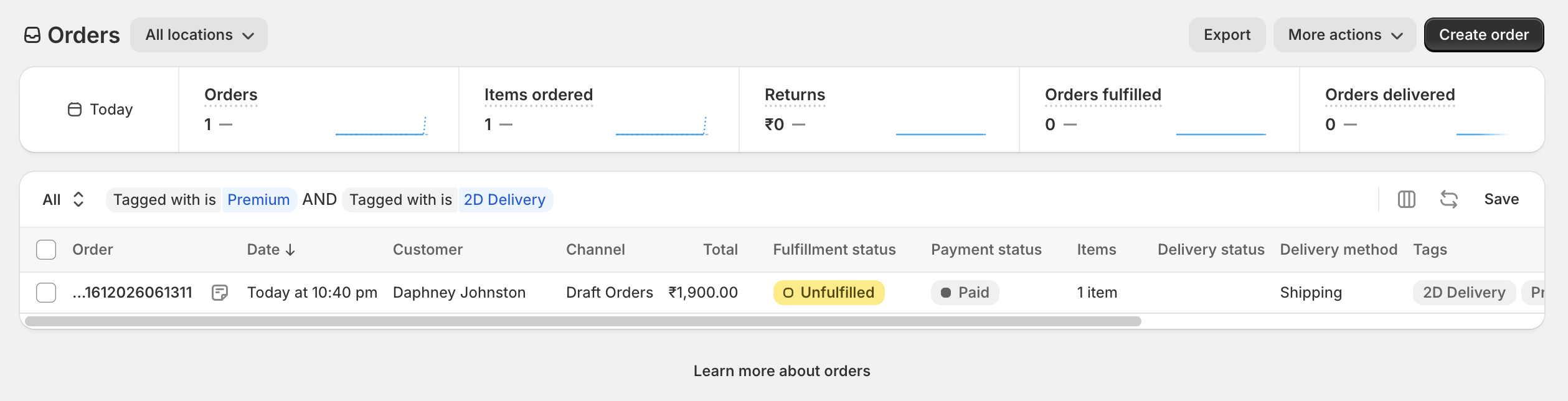 Shopify orders page filtered by order tags so only matching custom work remains in the list