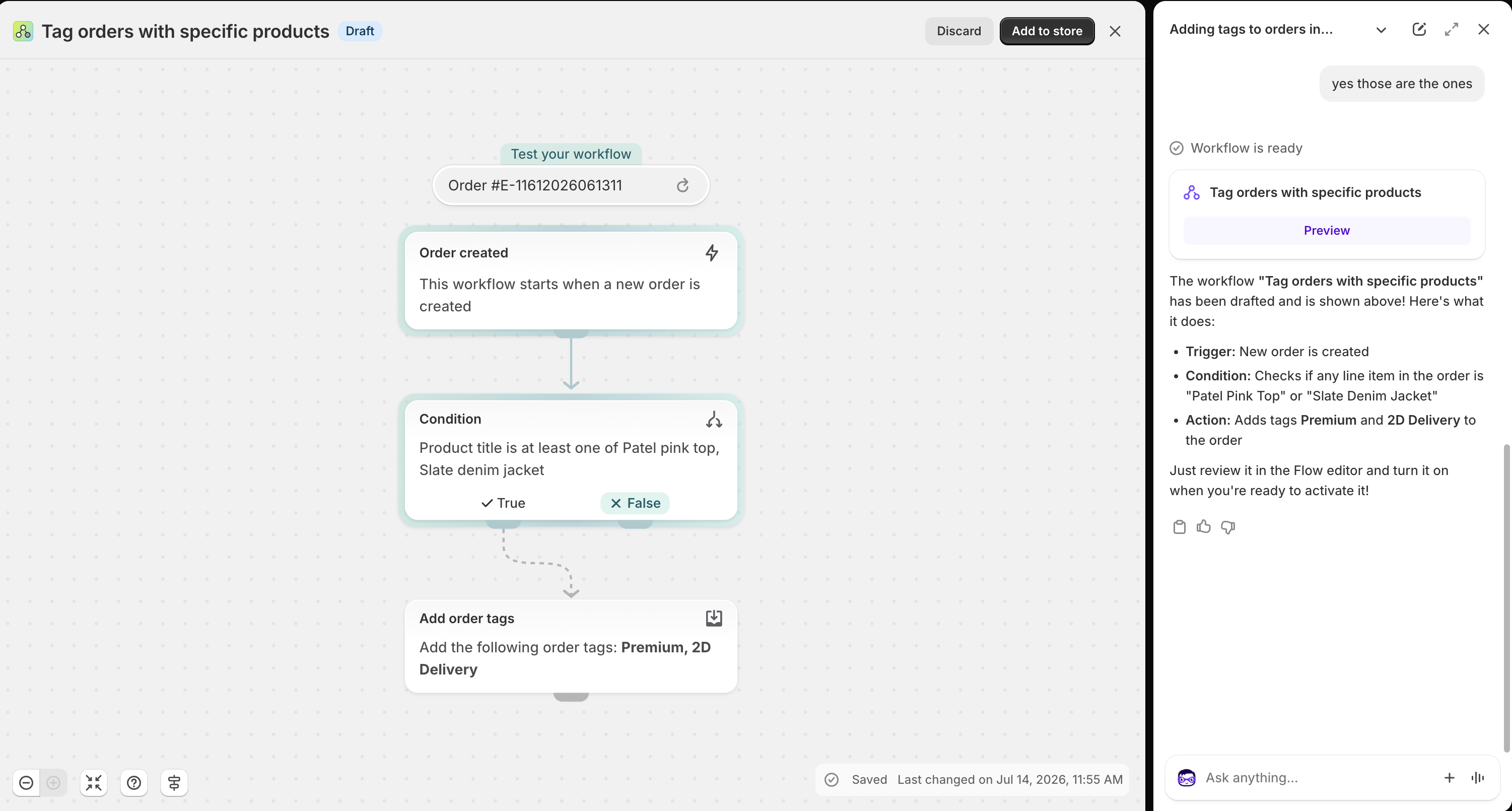 Shopify Flow workflow that tags an order when a line item title matches a custom product condition