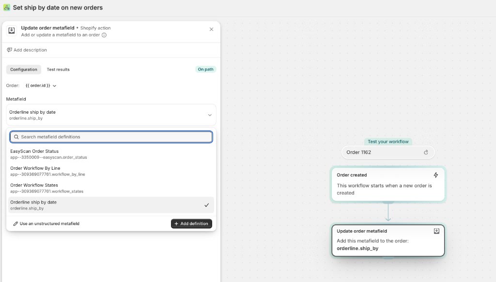 Shopify Flow: Order created → Update order metafield orderline.ship_by