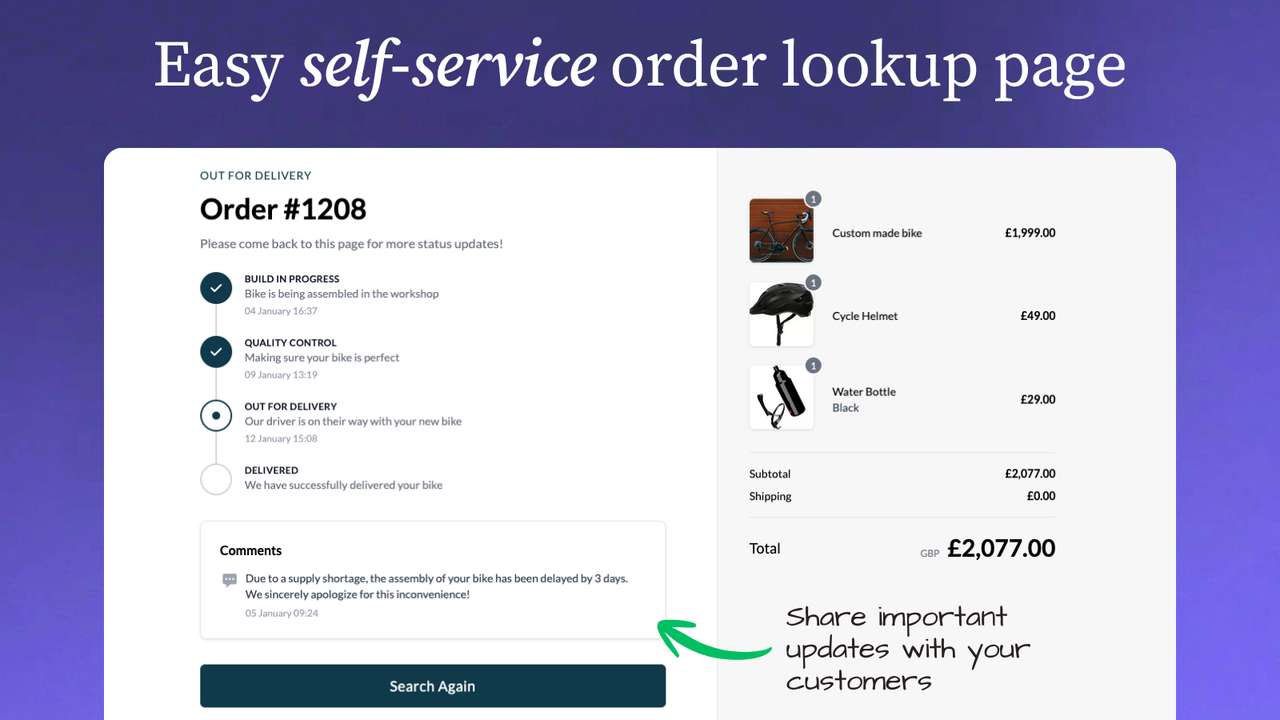 StatusPro self-service order lookup page with production status timeline from the public App Store listing