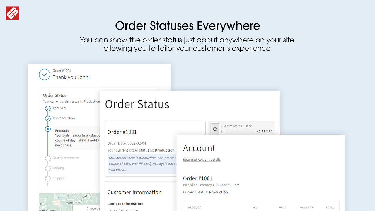 W3 Custom Order Status branded customer views — thank-you page, order status lookup, and account order with production status from the public App Store listing
