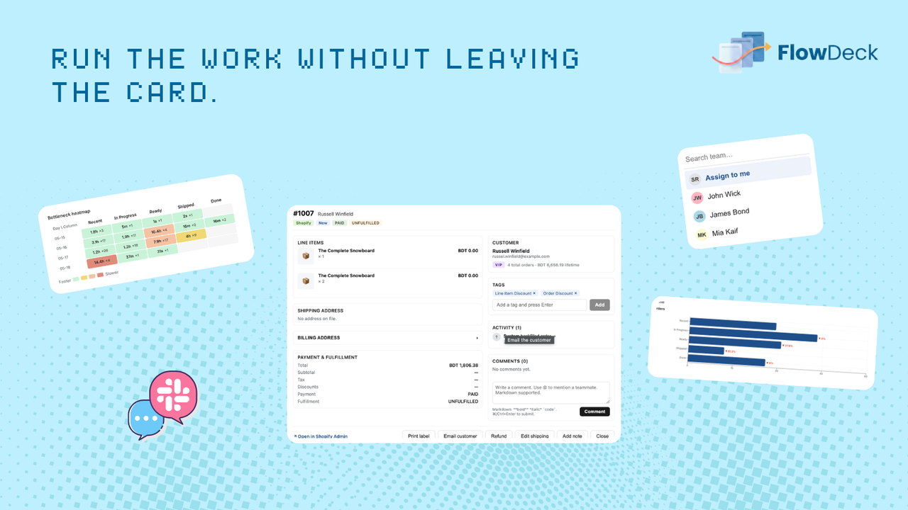 FlowDeck order card with line items, customer details, and actions from the public App Store listing