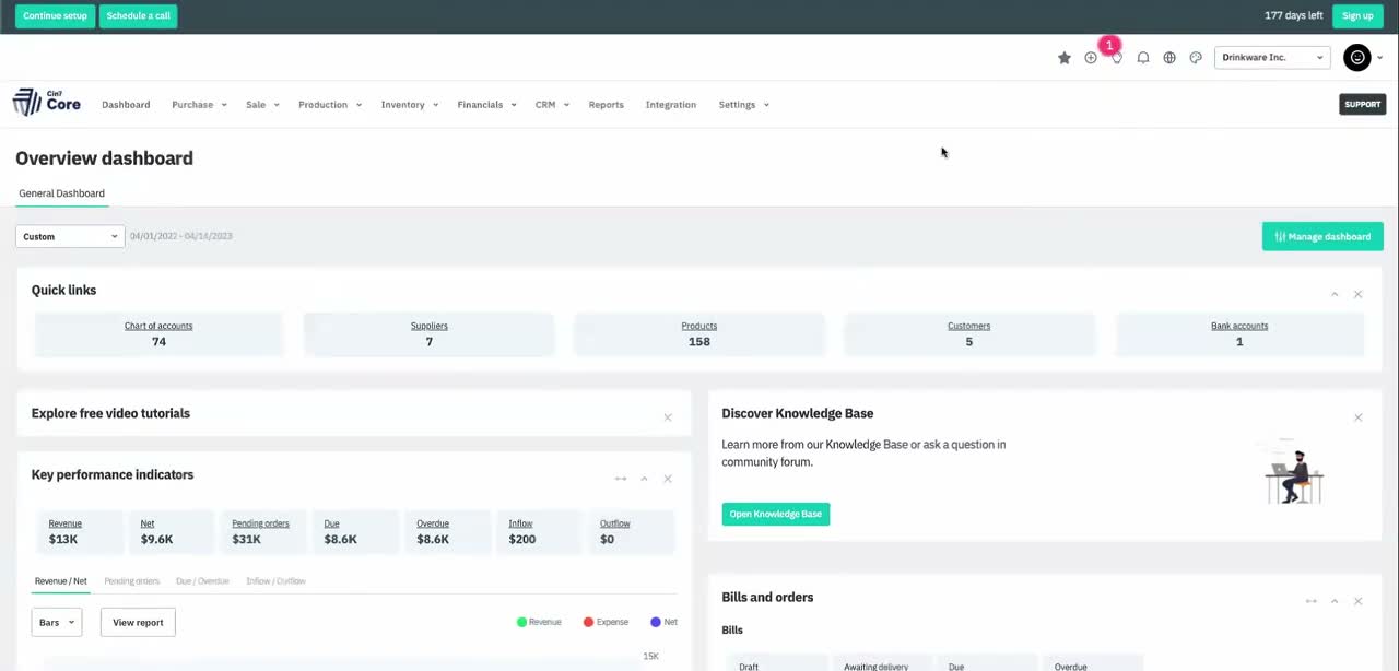 Cin7 Core overview dashboard with inventory counts, revenue, and pending orders from Cin7 product demo (YouTube frame at 0:56)