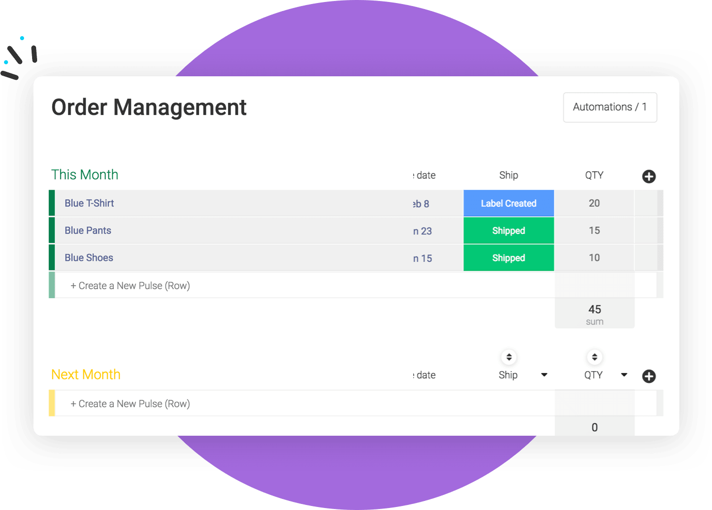 monday.com Order Management board with status chips, dates, and quantity columns from the official Shopify integration page