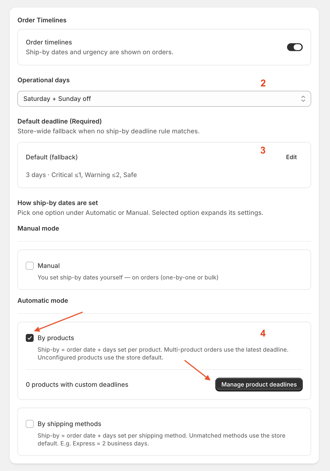 Shipping settings: operational days, default deadline, and By products
