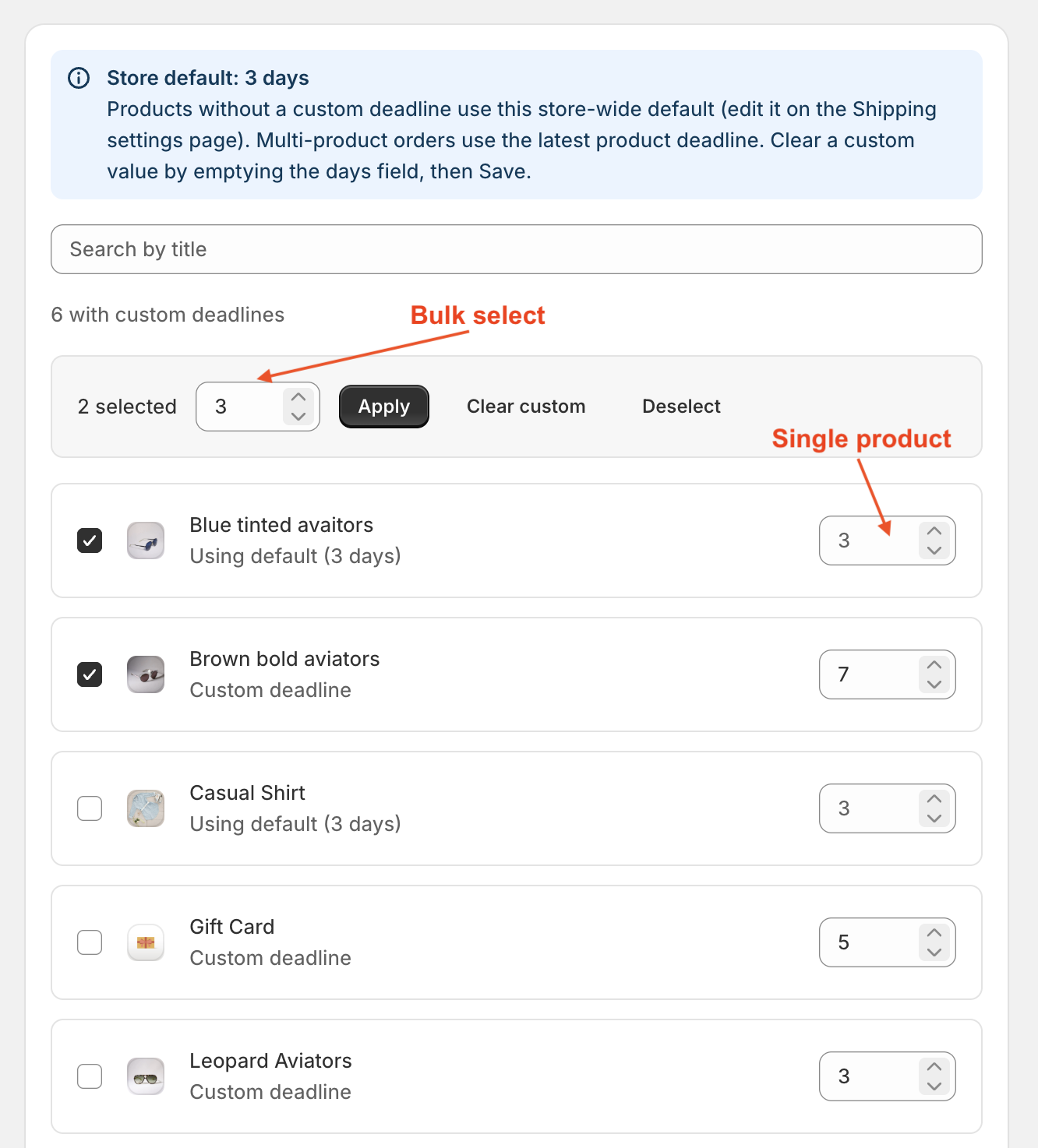 Product deadlines list with single-row days and bulk select