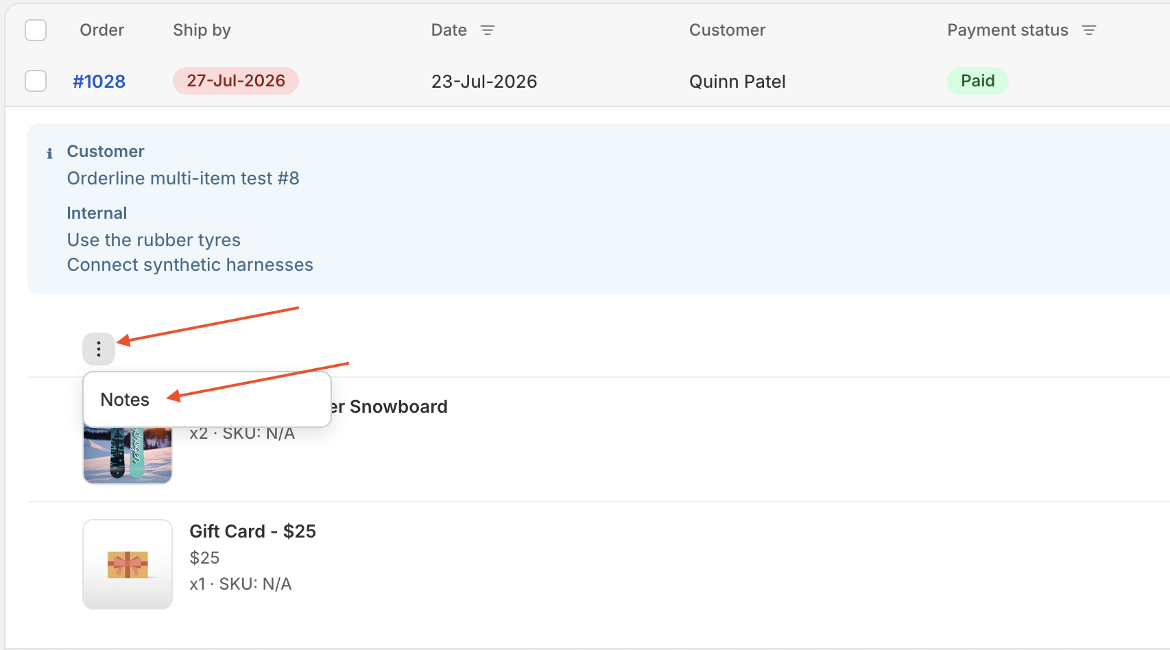 Orderline order with the three-dot menu open showing the Notes option to add internal production notes