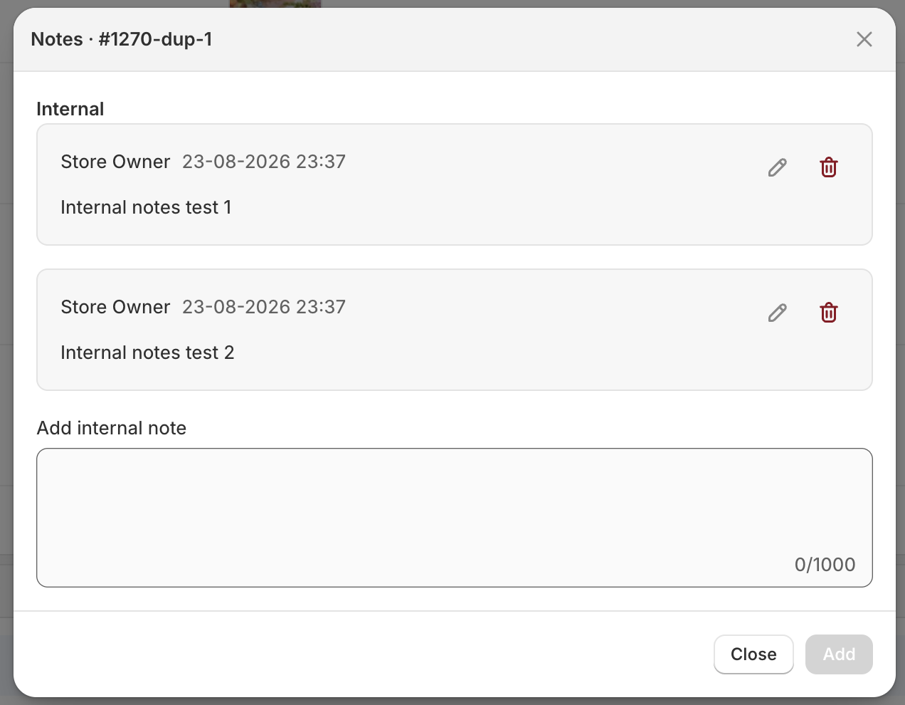 Orderline Notes modal listing timestamped internal production notes with edit and delete, plus an Add internal note field
