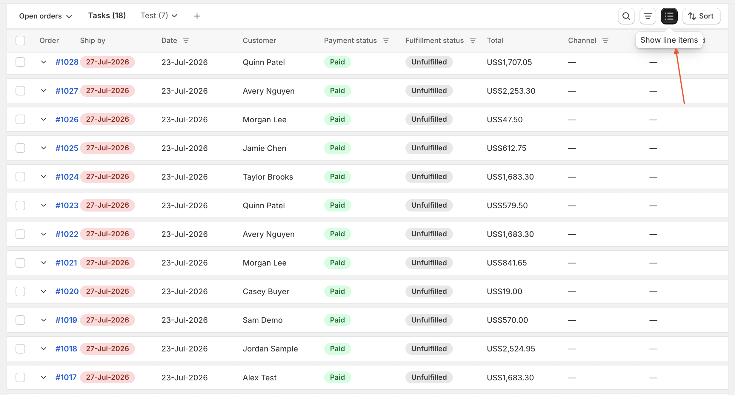 Orderline Open orders list in collapsed view with order headers only and the Show line items toolbar toggle highlighted