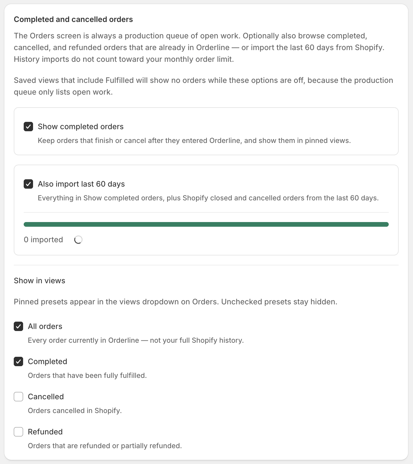 Orderline Settings General page for completed and cancelled orders with Show completed orders, 60-day import, and view slices for All orders, Completed, Cancelled, and Refunded