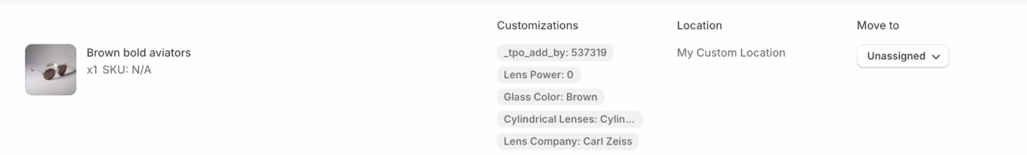 Per line item order customizations selected by customer from the product page while ordering