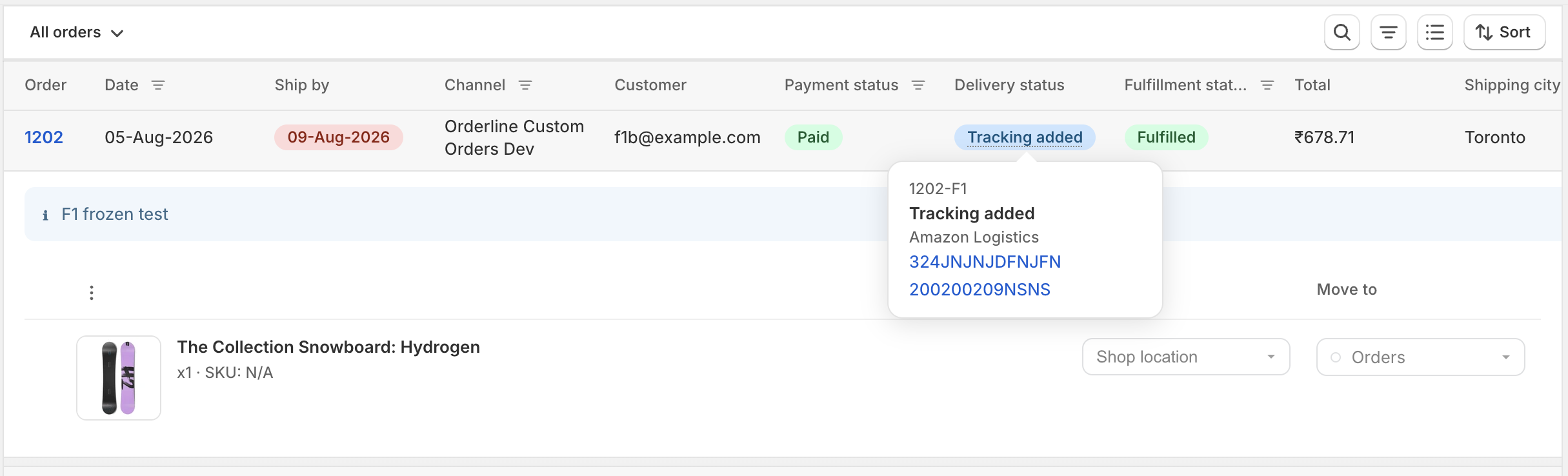 Delivery status synced from Shopify with tracking numbers and carier
