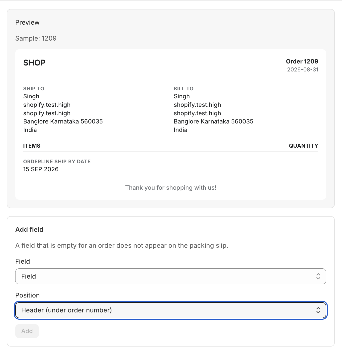 Orderline packing slip settings with a live preview, Add field, and extra field list