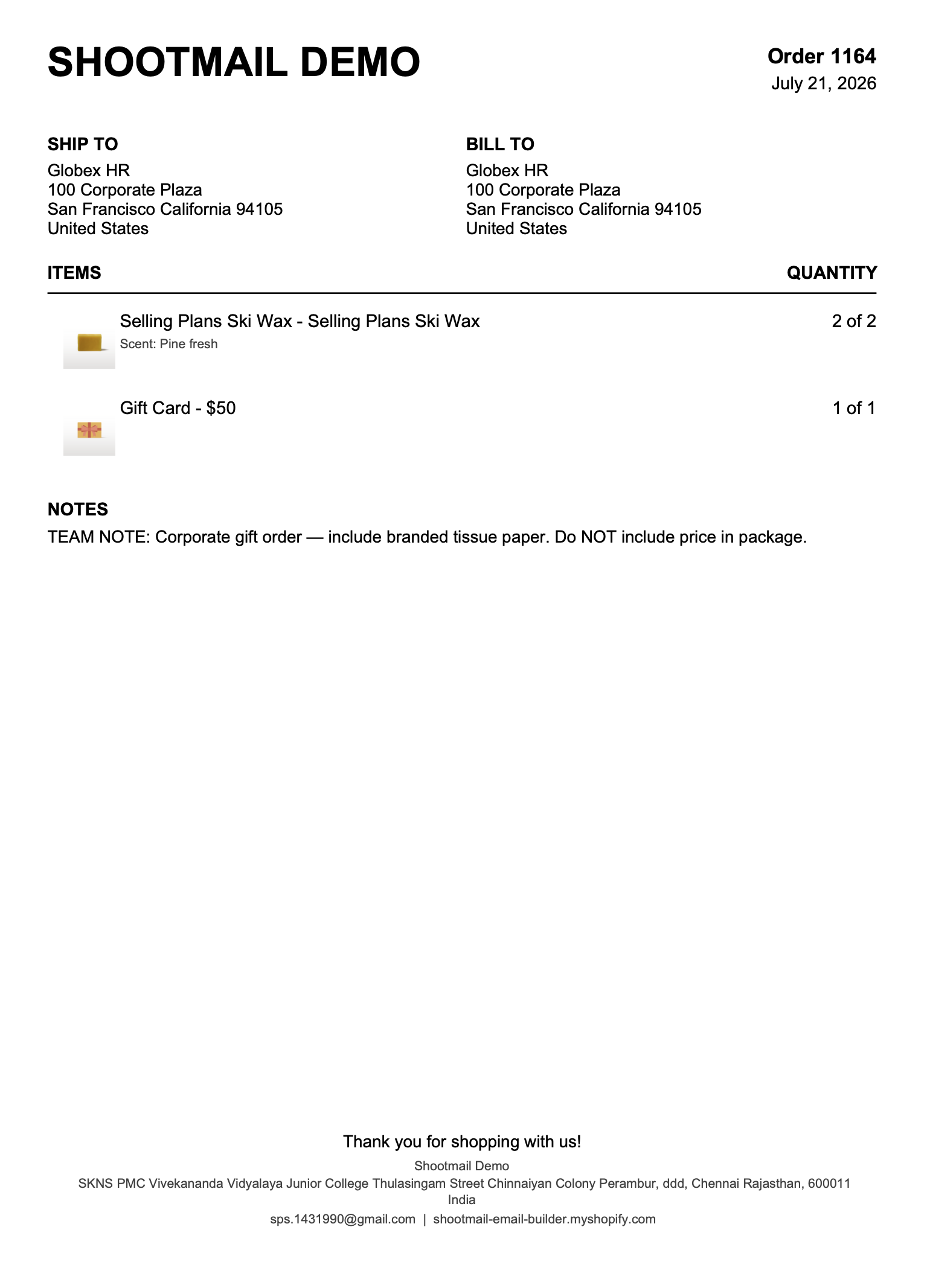 packing slips or production manifest for staff with all customization details, product pictures and order notes