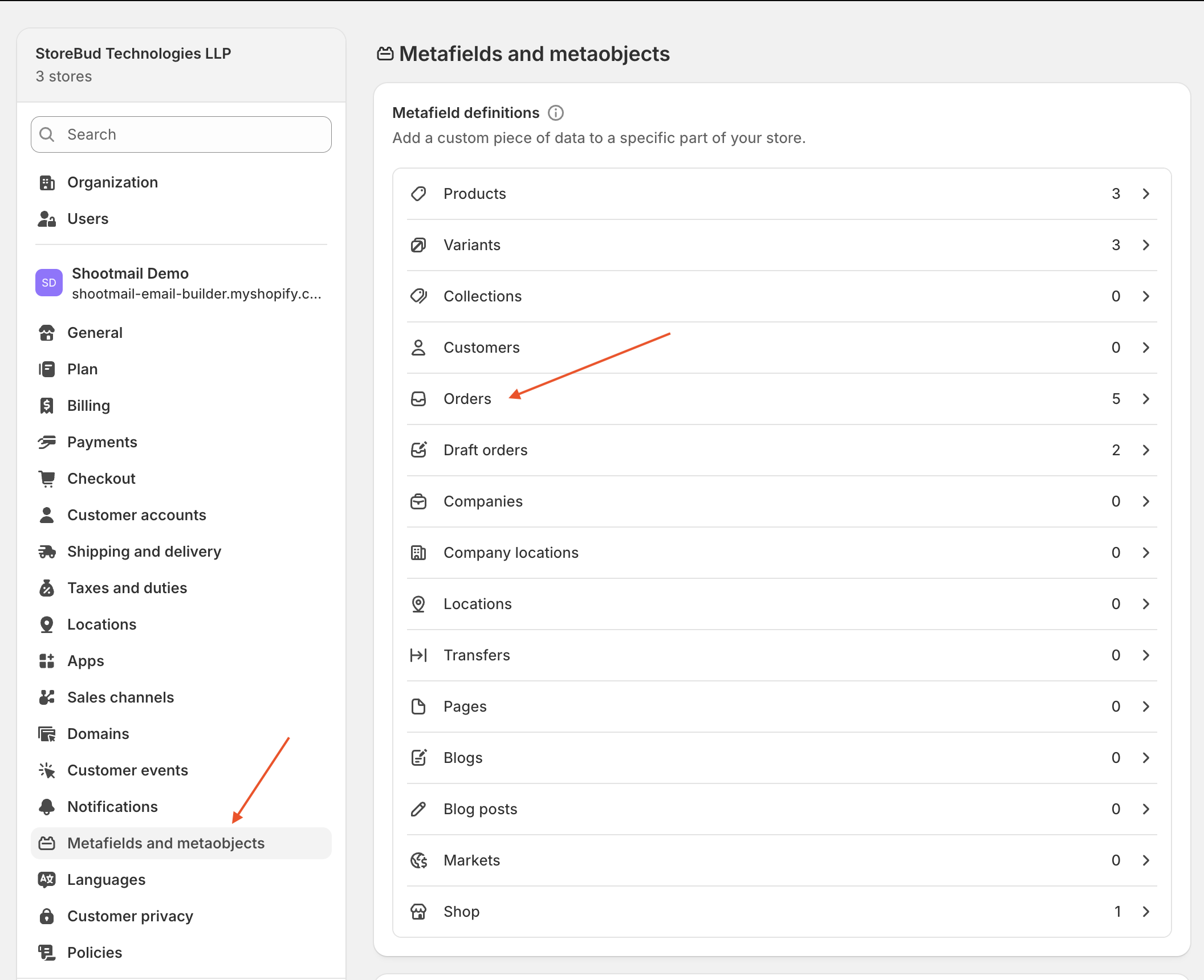 Shopify settings to create metafields