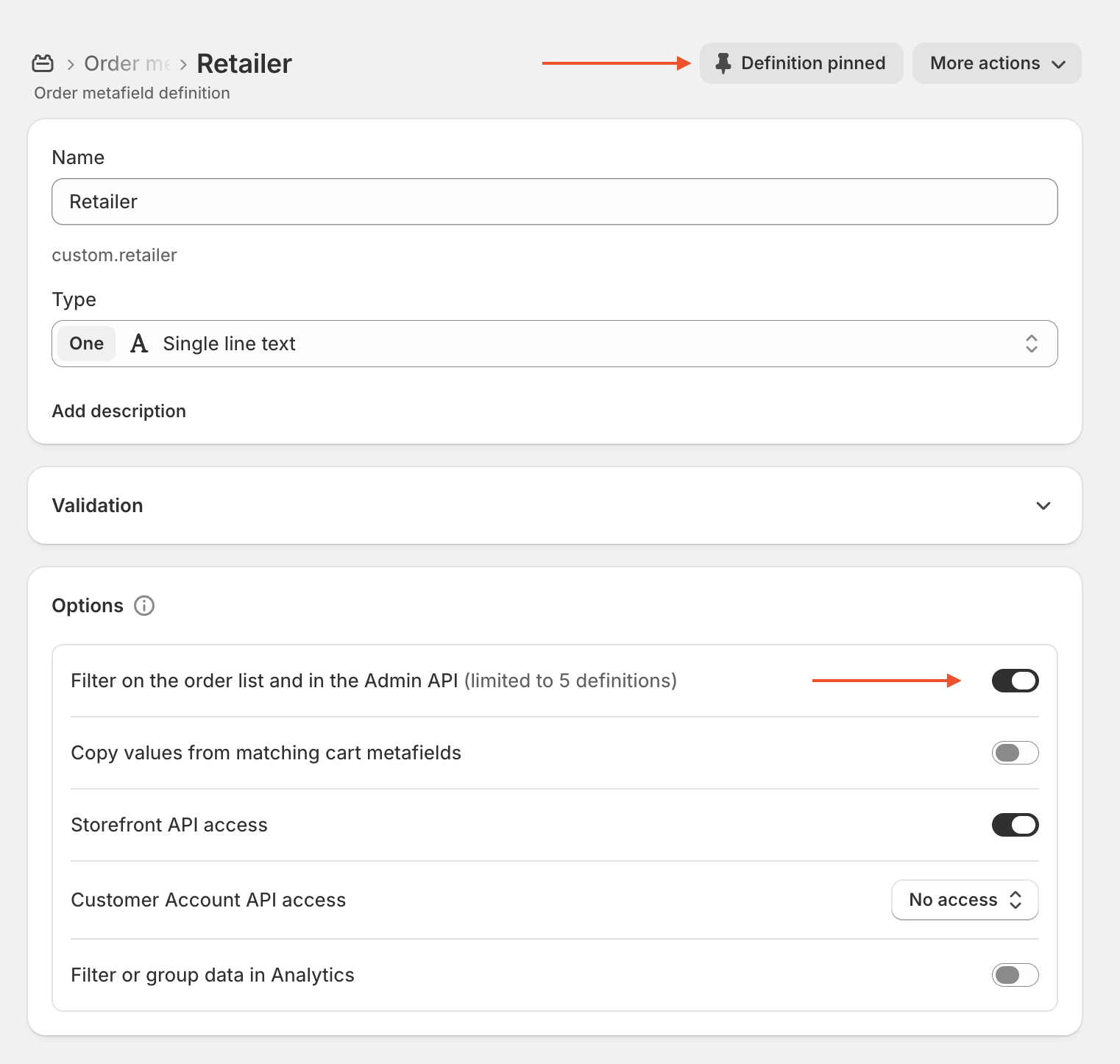 shopify metafield creation pinning and filtering option